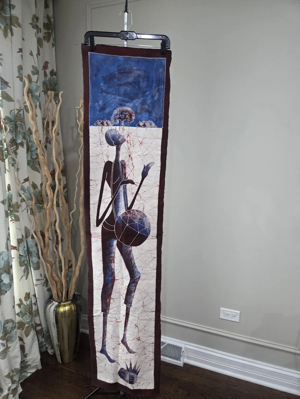 Handmade Maroon and Blue African Silhouette Wall Hanging 44×15in.